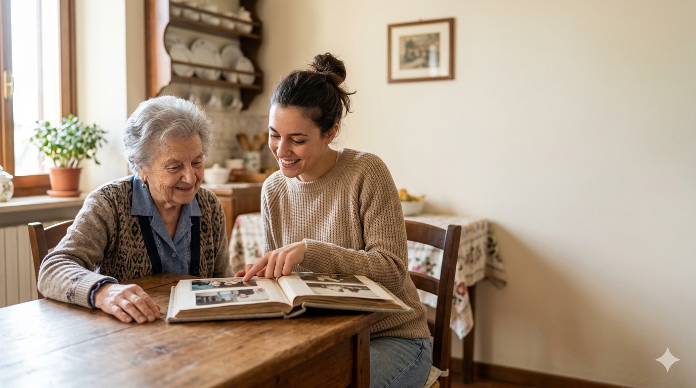 Una caregiver giovane e un'anziana sorridenti sfogliano insieme un album di fotografie al tavolo di una cucina italiana, illuminate dalla luce di una finestra.